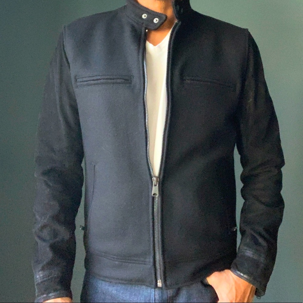 LUCKY Moto style jacket, Wool w/ suede sleeves, quilted lining, Men, Small